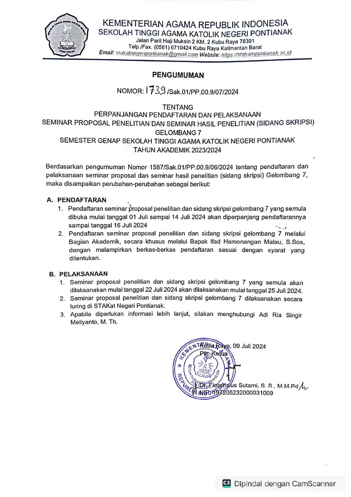 Pengumuman Tentang Perpanjangan Pendaftaran dan Pelaksanaan Seminar Proposal Penelitian dan Seminar Hasil Penelitian (Sidang Skripsi) Gelombang 7 Semester Genap Sekolah Tinggi Agama Katolik Negeri Pontianak Tahun Akademik 2023/2024